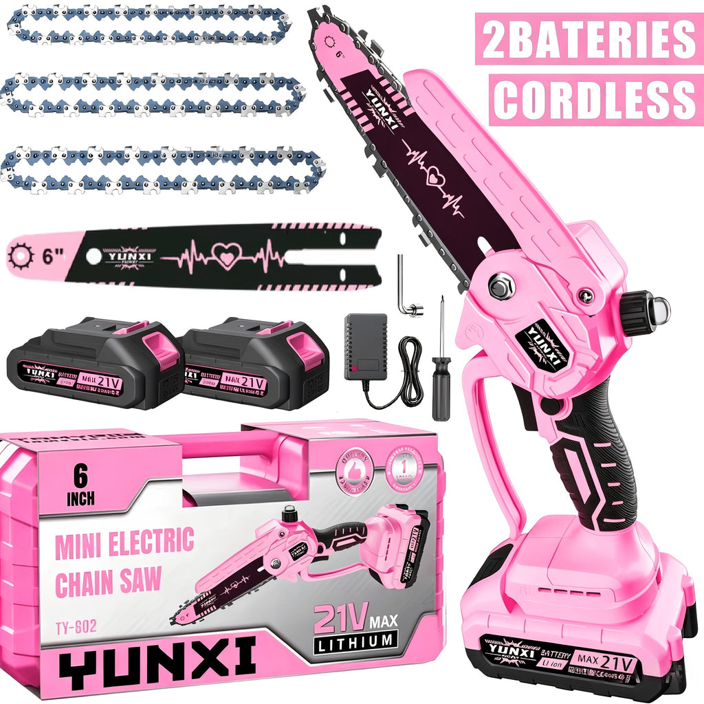 Mini Chainsaw 6 Inch 21V Cordless Battery Powered | Handheld Electric Chain Saw for Tree Branch Trimming Wood Cutting | Lightweight Portable Pruning Saw Pink