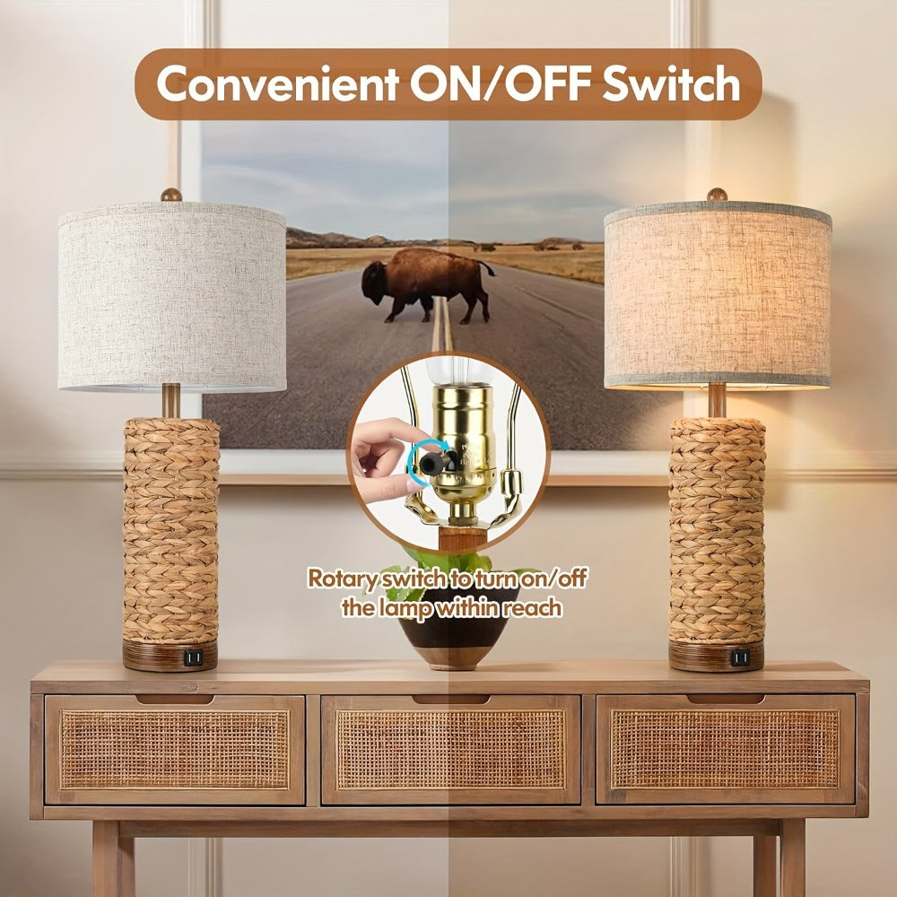 Rattan Table Lamp Set of 2 with USB Ports - 27 Inch Tall Woven Seagrass Bedside Nightstand Lamps for Living Room Bedroom End Table, Coastal Farmhouse Rustic Decor, E26 Socket Rotary Switch