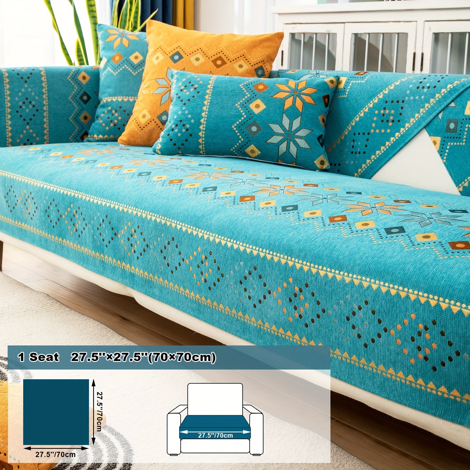 Bohemian Chenille Sofa Cover | Geometric Print Non-Slip Couch Slipcover, Thick Plush Boho Style, 1 to 4 Seat, Armrest & Backrest, Machine Washable, Sectional Sofa Protector