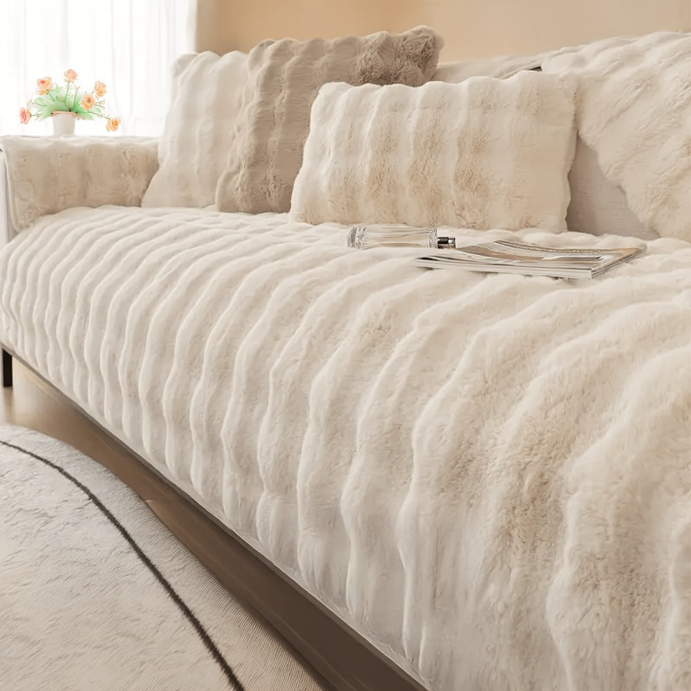 Bubble Soft Faux Rabbit Fur Sofa Cover - Non-Slip Silicone Backing Stretchable Slipcover Pet Friendly Machine Washable for Living Room Bedroom Dorm, 4 Colors Multiple Sizes