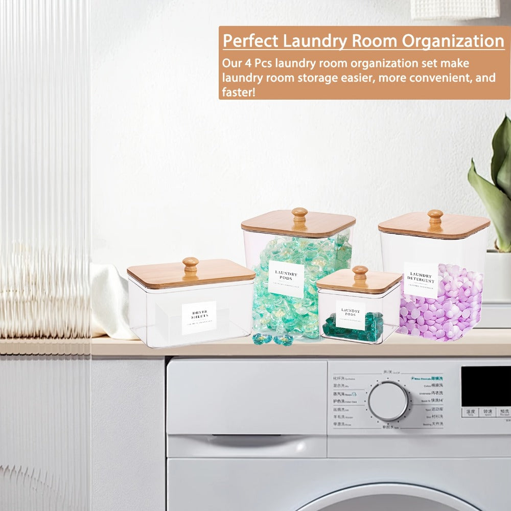 Laundry Pod Containers Set of 4 with Lids Scoops and Labels ¨C Laundry Room Organization Storage Canisters for Pods Detergent Dryer Balls Scent Beads Mixed Color