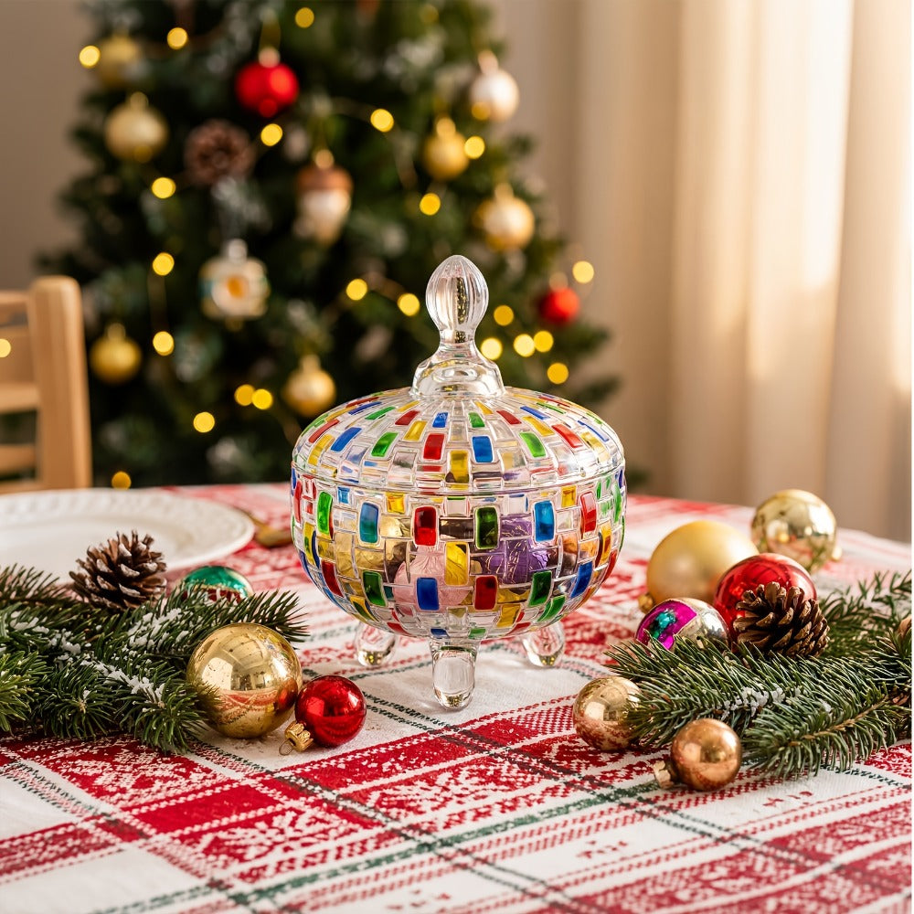Crystal Glass Candy Dish with Lid & Tongs ¨C Hand-Painted Colorful Candy Box, Jewelry Storage Jar, Christmas Gift for Family & Friends | Elegant Candy Server