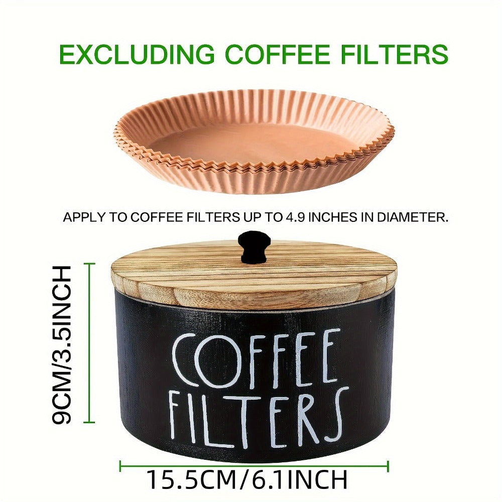 Wooden Coffee Filter Holder with Lid | Rustic Farmhouse Coffee Filter Storage Container | Solid Wood Coffee Bar Organizer for Countertop | Vintage Style Decorative Coffee Accessory Box Black & White