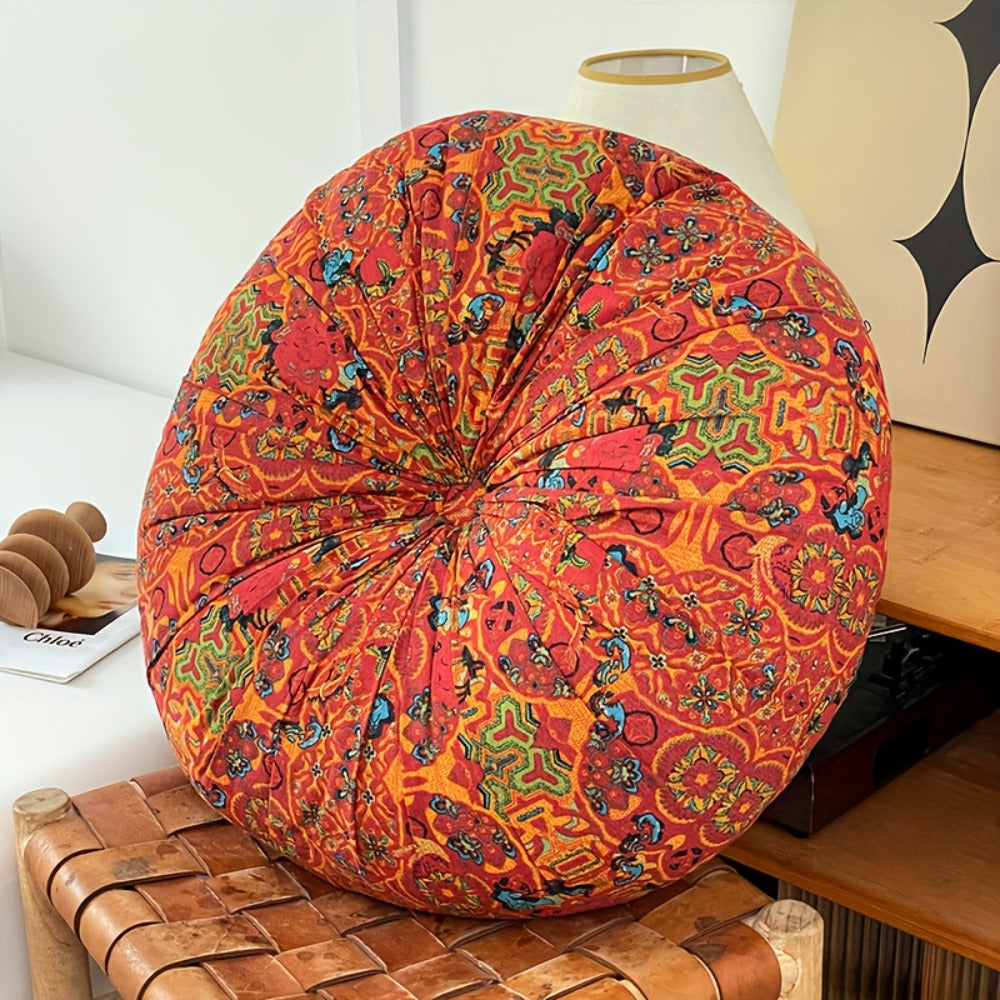 Floor Pillow Round Bohemian Thick Cushion Vintage Floral Pattern Boho Meditation Seat Pad Fade Resistant Cotton Filled Decorative Pouf for Living Room Bedroom All Seasons