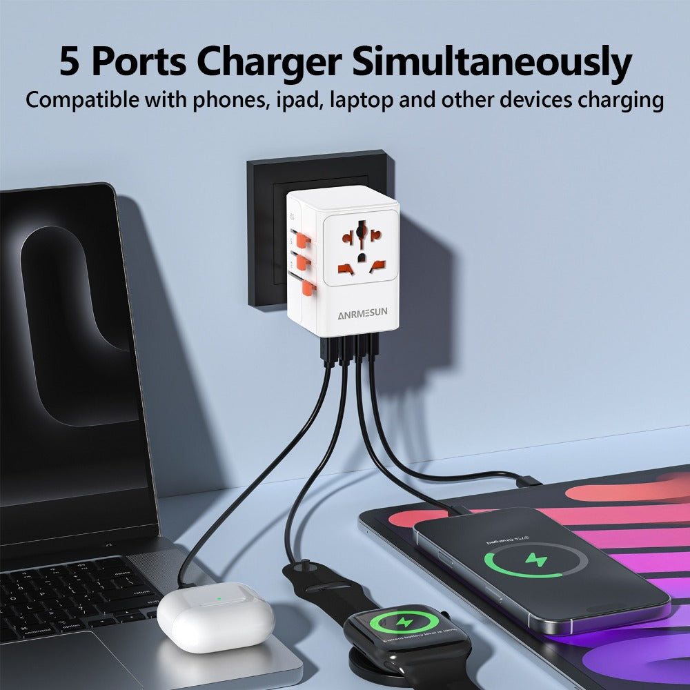 65W Universal Travel Adapter with 4 USB Ports - 2 USB-C & 2 USB-A Fast Charging, US EU UK AU Plugs, 100-240V Input, Overload & Short Circuit Protection, 200+ Countries, White & Black