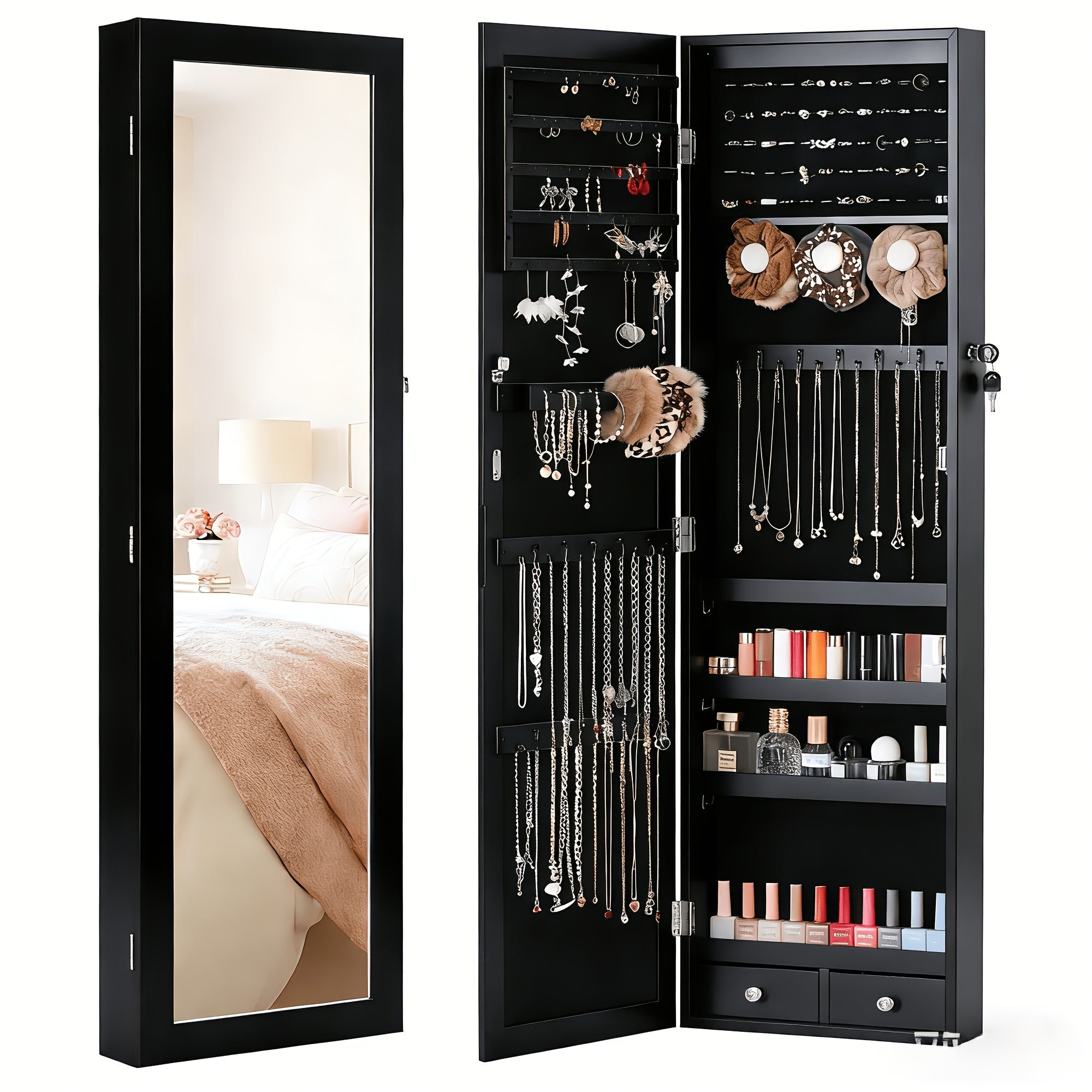 Jewelry Armoire Floor Standing 47.2¡± Full-Length Mirror Cabinet with 6 LED Lights Dual Lock, Jewelry Organizer for Necklaces Earrings Rings Bracelets, Bedroom Closet Storage 4 Colors