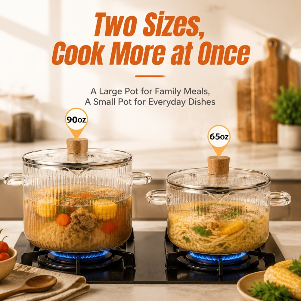 Glass Saucepan Set 2-Pack Stovetop Safe Borosilicate Ribbed Pots with Lids ¨C 78oz & 54oz Heat Resistant Cookware for Soup, Ramen, Milk | Transparent Glass Pot Kitchen Cooking Set with Baking Mat