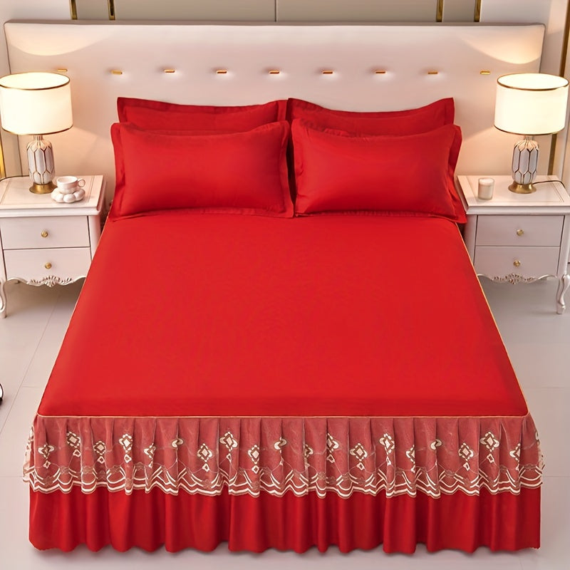 Macrame Lace Bed Skirt Set 3pcs ¨C Double Layer Non-Slip Bed Skirt with 2 Pillowcases All Seasons Twin Full Queen King