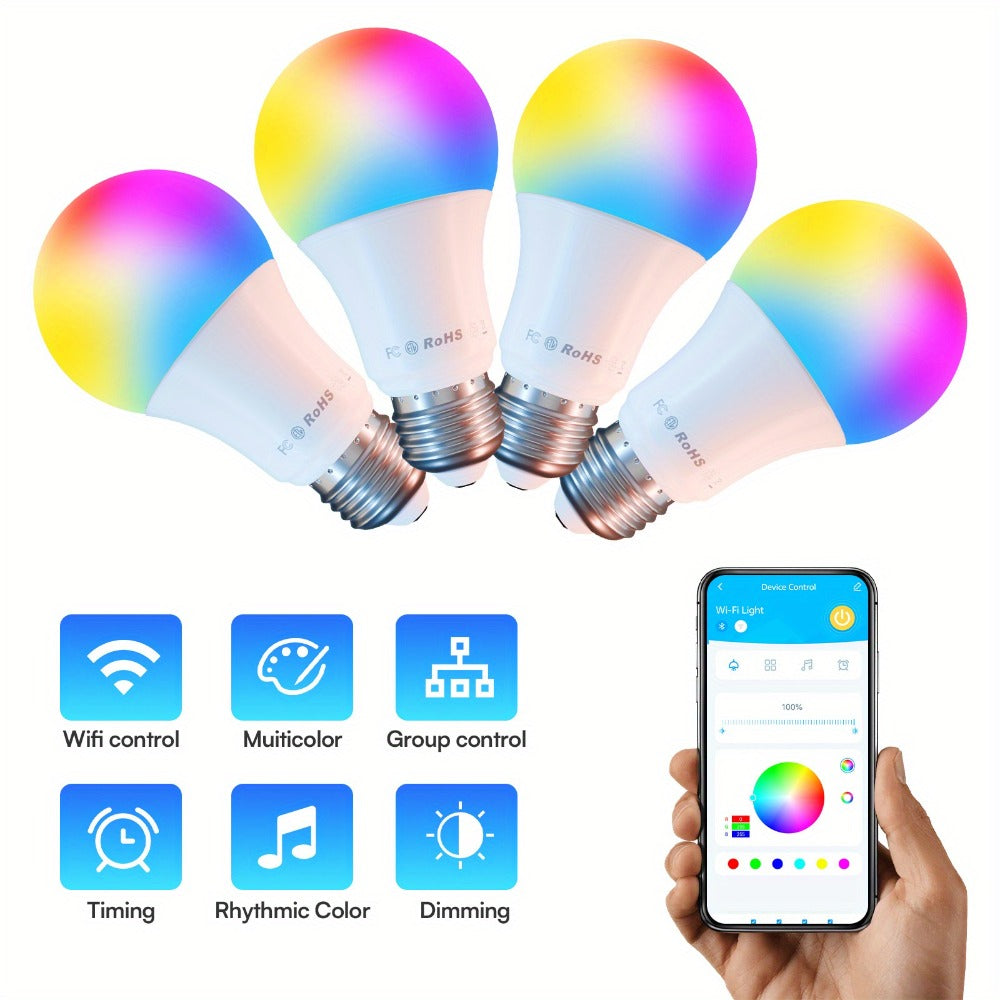 Smart Light Bulbs RGB Color Changing, WiFi A19 E26 LED Bulb Works with Alexa & Google Home, 2.4GHz Dimmable 800LM 60W Equivalent, Music Sync Voice Control App Remote, for Bedroom Party Home Decor