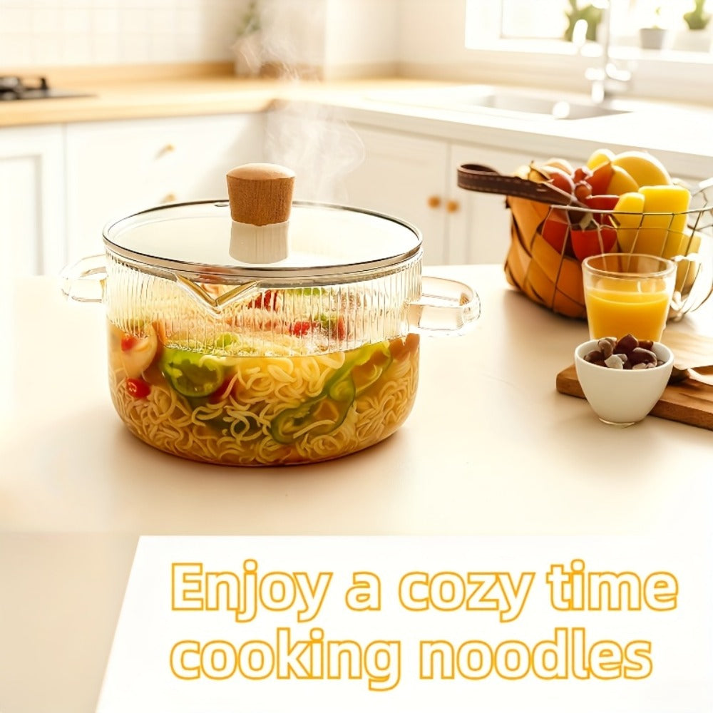 Glass Saucepan Set 2-Pack Stovetop Safe Borosilicate Ribbed Pots with Lids ¨C 78oz & 54oz Heat Resistant Cookware for Soup, Ramen, Milk | Transparent Glass Pot Kitchen Cooking Set with Baking Mat