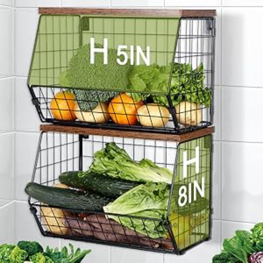 Stackable Metal Wire Fruit Basket with Lid ¨C 1 or 2-Tier Hanging Kitchen Pantry Storage Bin, Wall-Mounted or Countertop Vegetable Organizer for Potato, Onion & Produce, Black
