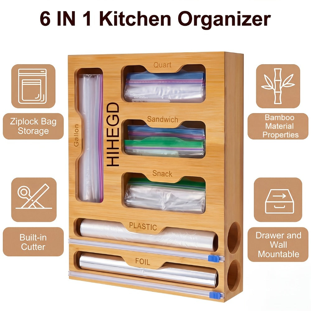Bamboo Wrap Dispenser 6-in-1 Kitchen Organizer ¨C Built-In Cutter, 6-Grid Storage Box for Plastic Wrap, Aluminum Foil & Bags, Space-Saving Drawer Organizer for Pantry & Kitchen Counter