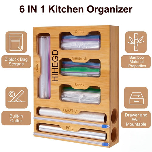 Bamboo Wrap Dispenser 6-in-1 Kitchen Organizer ¨C Built-In Cutter, 6-Grid Storage Box for Plastic Wrap, Aluminum Foil & Bags, Space-Saving Drawer Organizer for Pantry & Kitchen Counter