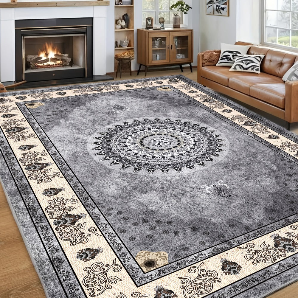 Bohemian Persian Velvet Area Rug Non-Slip Machine Washable ¨C Vintage Floral Paisley Pattern 1000g/m2 100% Polyester Carpet for Living Room & Bedroom ¨C 6 Sizes, High-Traffic Durable