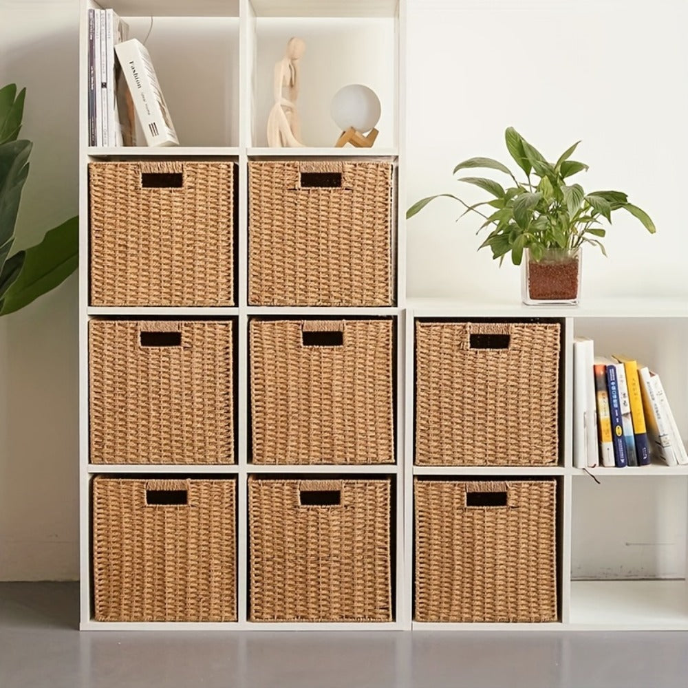 Rattan Storage Basket Foldable Square Wicker Laundry Hamper with Frame Natural Handwoven Organizer Bin for Bedroom Living Room Bathroom Clothes Toys