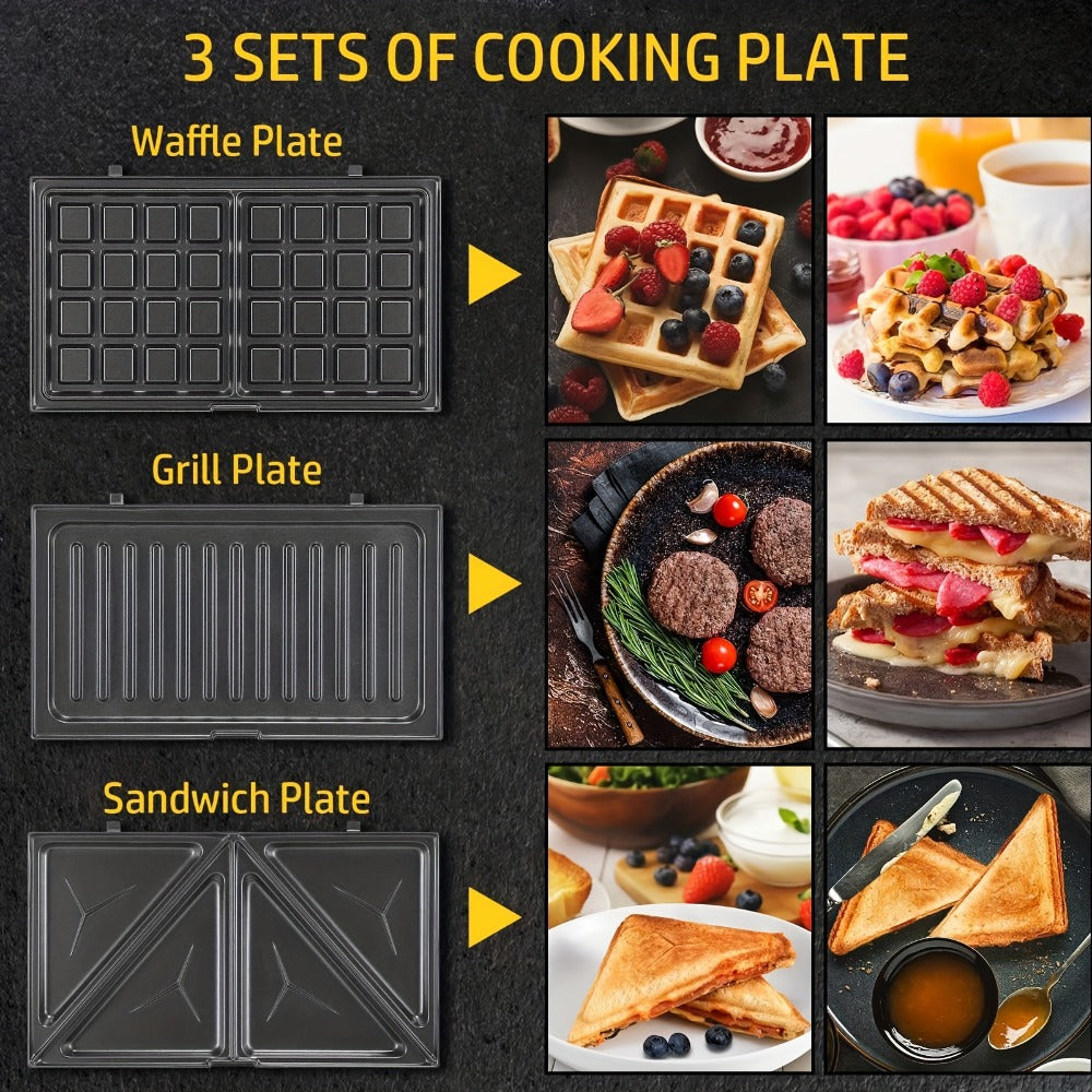 OSTBA 3-in-1 Sandwich Maker Panini Press Waffle Iron 750W Removable Non-Stick Plates for Breakfast Sandwiches Grilled Cheese Waffles Steak BBQ Black
