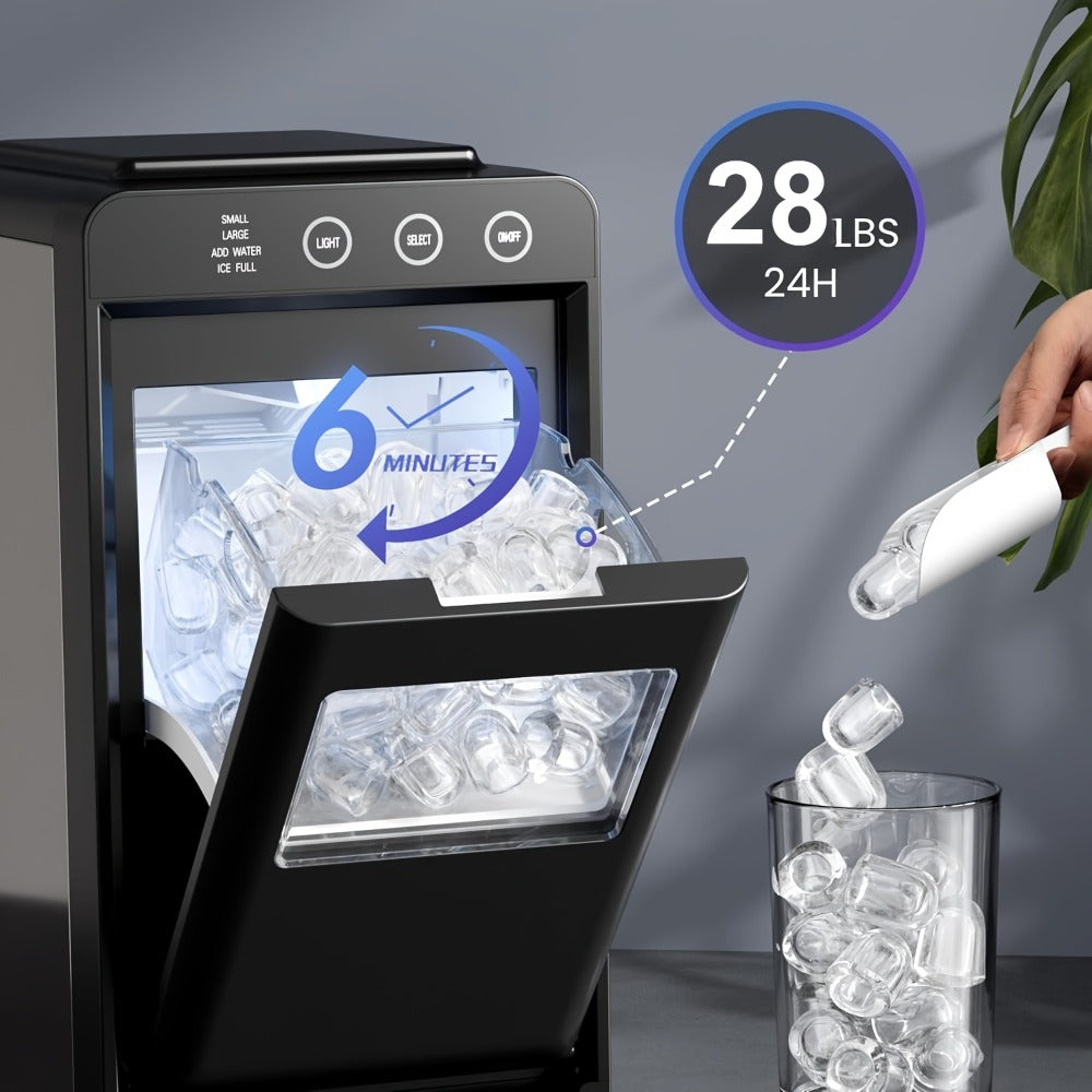Portable Ice Machine ¨C 28 Lbs/24Hrs, 8 Ice Cubes in 6 Mins, Self-Cleaning, Quiet Compact Countertop Ice Maker with 27oz Tank, 1.1lb Storage Basket & Scoop for Home, Kitchen, Camping & RV