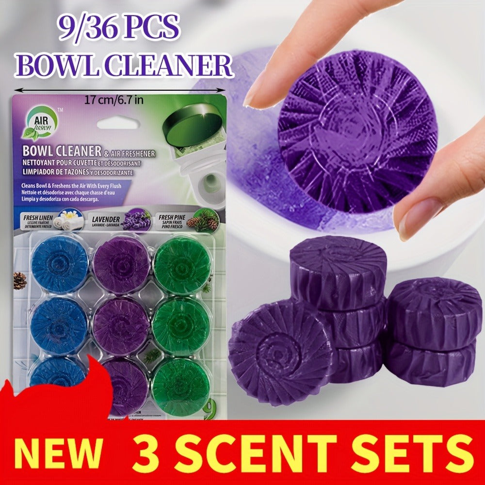 Automatic Toilet Bowl Cleaner Tablets 9/36pcs - Low Odor Fresh Linen Lavender Pine Mix Scents, Powerful Stain Removal Long-Lasting Deodorizer, Safe for Plastic Surfaces, Easy Use for Home & RV Toilet