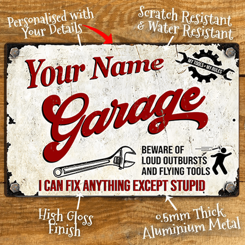 Personalized Metal Garage Sign - Custom Aluminum Wall Decor for Man Cave, Workshop & Home - Vintage Style, High Gloss Finish, Horizontal 12x8 Inch