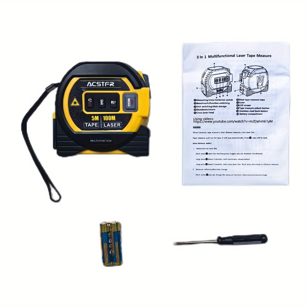 3-in-1 Laser Tape Measure Digital Laser Rangefinder Steel Tape Measure Cross Laser Level High Precision Color Screen Voice Broadcast for Construction Home DIY Measurement