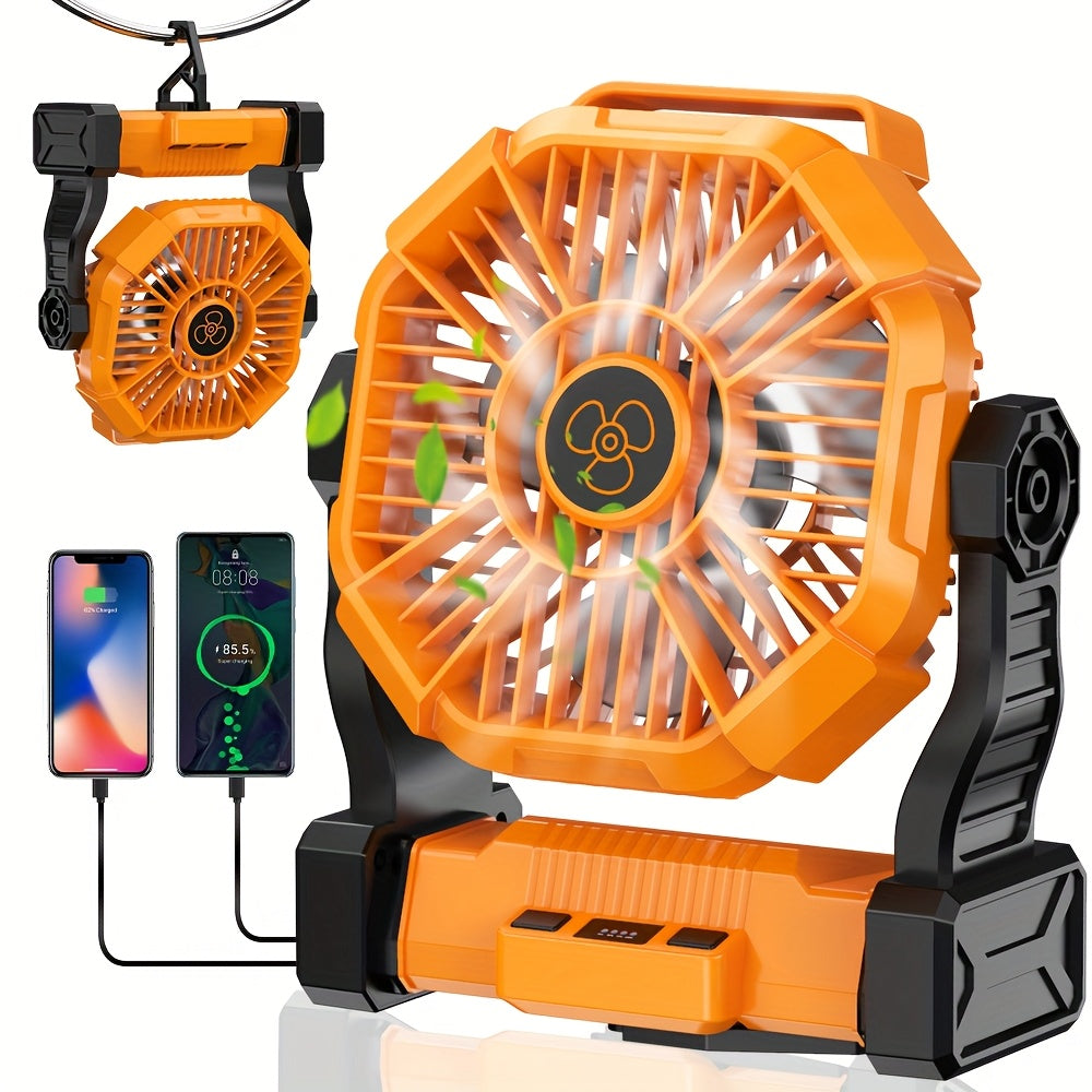 Portable Outdoor Fan 20000mAh, 3-in-1 Rechargeable Camping Fan with LED Lantern & Power Bank, Timer Rotation Hook for Tent Golf BBQ Travel Party Power Outage, Pink Green Black Orange Purple Blue