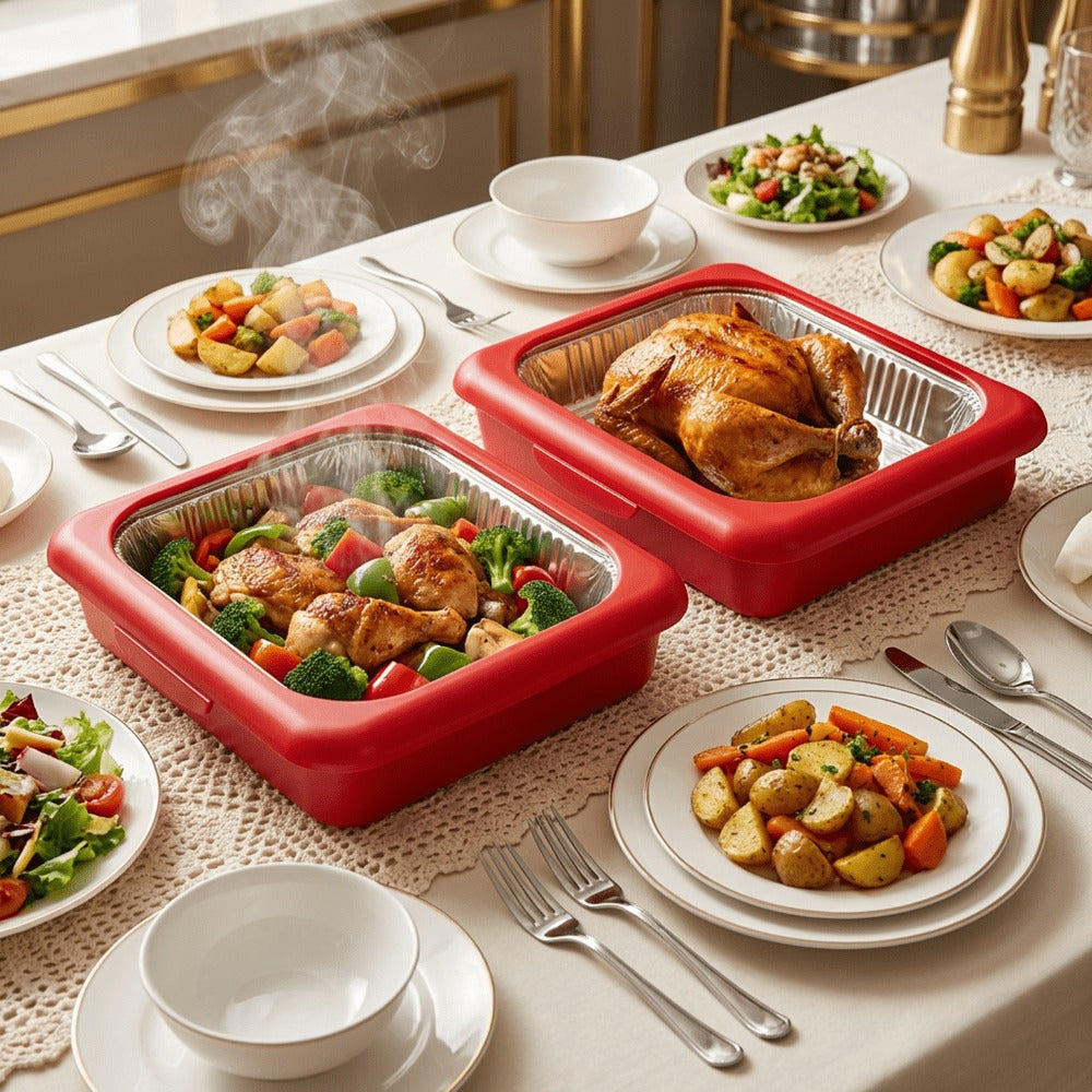 Aluminum Foil Insulated Food Tray Set 2-in-1 Reusable Stand with 2 Disposable Foil Trays for Potluck Picnic BBQ Party Outdoor Gatherings Thanksgiving Christmas - 1 Tray + 2 Foil Trays