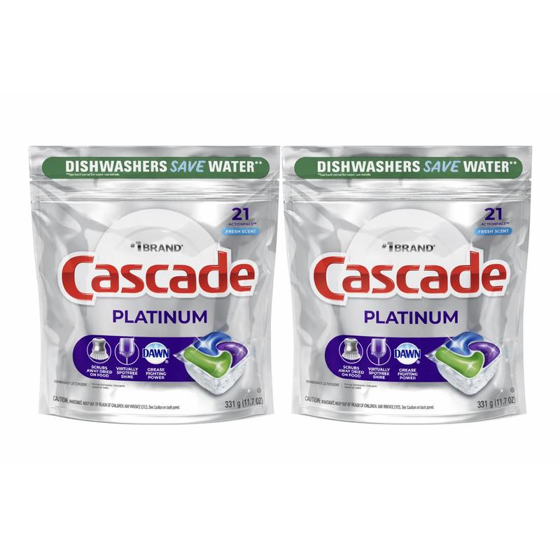 Dishwasher Pods Cascade Platinum 2 Pack ¨C Action Pacs Detergent Tabs with Rinse Aid & Shine Booster, Fresh Scent, 21 Count per Pack