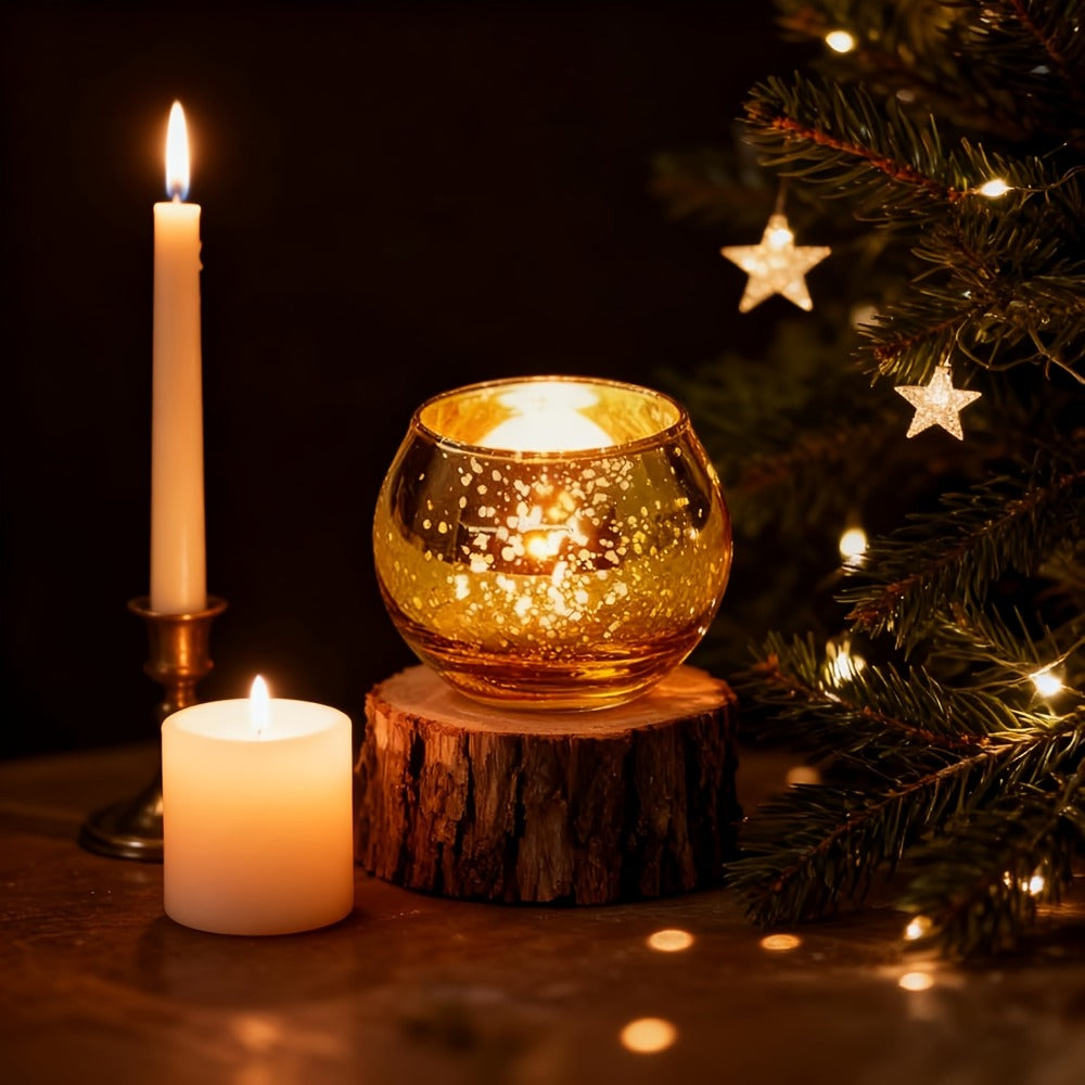 Votive Candle Holders Bulk - High Temperature Glass Hurricane Candle Holders for Weddings, Parties & Romantic Dinners, Starlight Shimmer Effect, Set of 6/12/24, Golden, Pink, Silver & Green