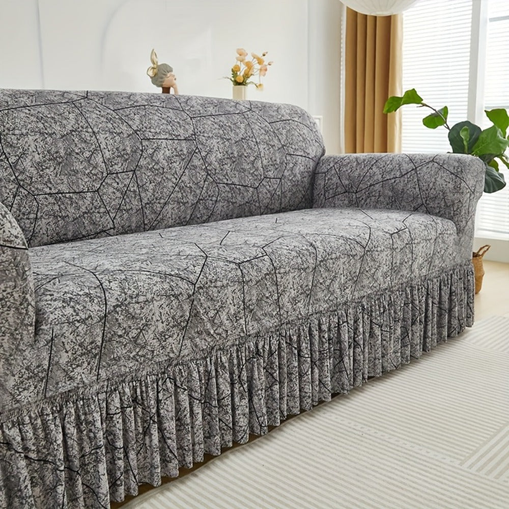 Printed Elastic Skirt Sofa Cover Modern Hem Design Stretch Sofa Slipcover Protective Furniture Cover for Living Room Single 2 3 4 Seater Machine Washable