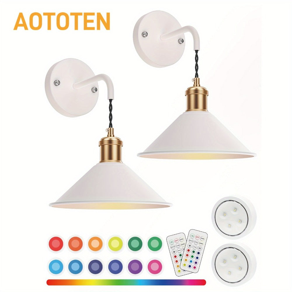 Battery Operated Wall Sconce Set of 2 ¨C RGB Wireless Wall Light, Dimmable with Remote Control, 13 Scene Modes, Timer & Memory Function, No Wiring for Bedroom Living Room Hallway (Black / White)