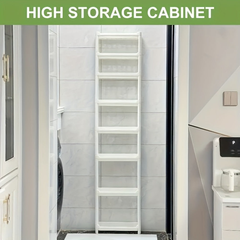Behind Door Storage Rack, Multi-Layer Slim Organizer for Bathroom & Kitchen, Space Saving Over Door Shelf, Narrow Cabinet Rack with Fixed Hook, Plastic Stackable Storage