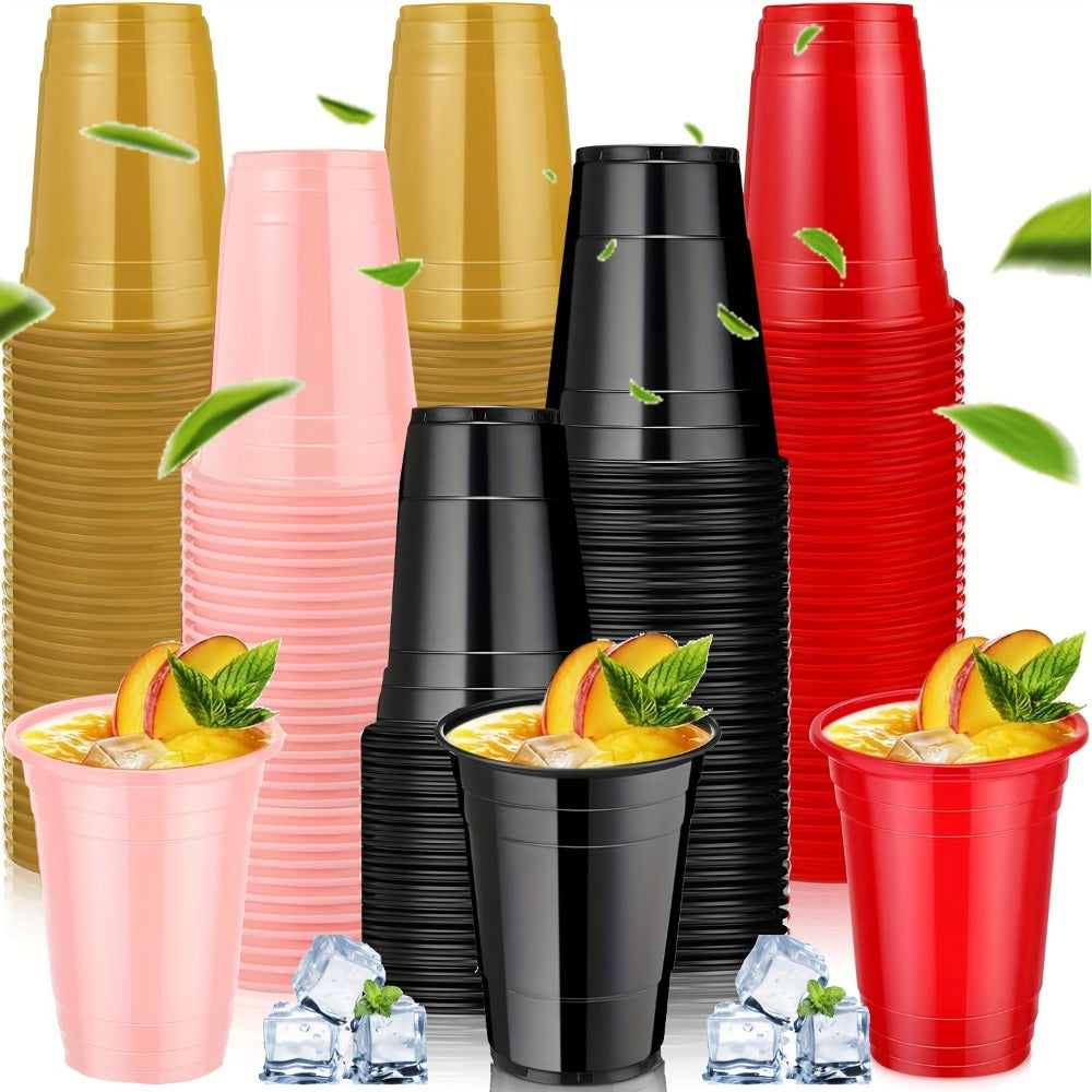 160-Pack 16oz Disposable Plastic Party Cups with Fill Lines Bulk Party Supplies for Christmas Halloween Graduation BBQ Picnic Neon Party Stackable Beverage Cups Black Red Pink Gold