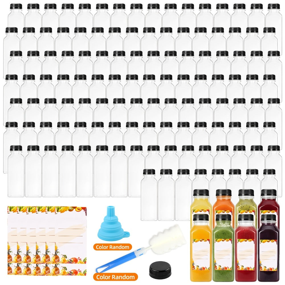 Plastic Juice Bottles with Caps 128pcs Bulk - Clear Reusable Beverage Bottles with Lids for Juice Smoothies Party Gatherings Outdoor Events Includes Funnel & Brush