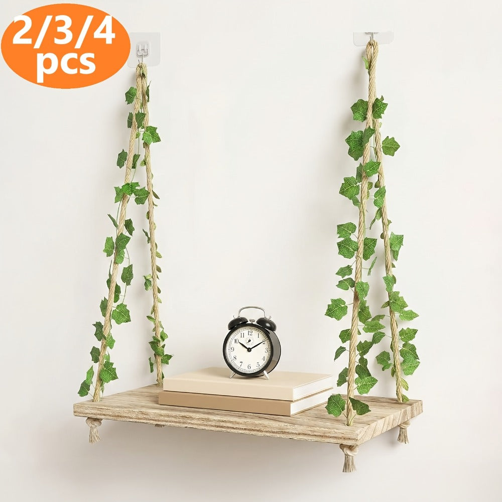 Floating Wall Shelves with Artificial Ivy LED Strip Lights Macrame Boho Wood Hanging Shelf Plant Wall Decor Bedroom Living Room Bathroom 15.7 Inch