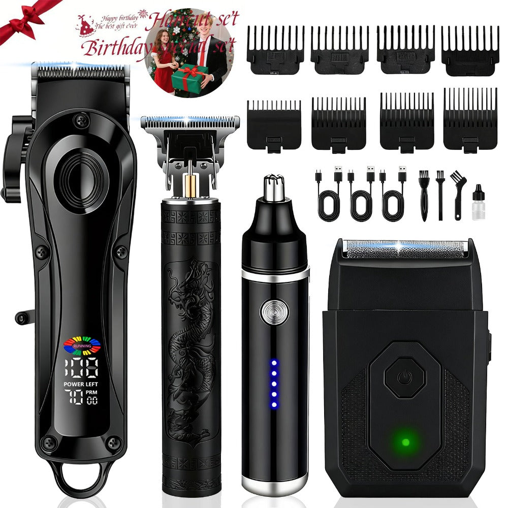 Electric Hair Clipper Set with LCD Screen - USB Rechargeable Hair Trimmer Kit with T-Blade, Guide Combs, Nose Hair Trimmer, Professional Grooming Kit for Men & Women, Home & Barber Shop Use