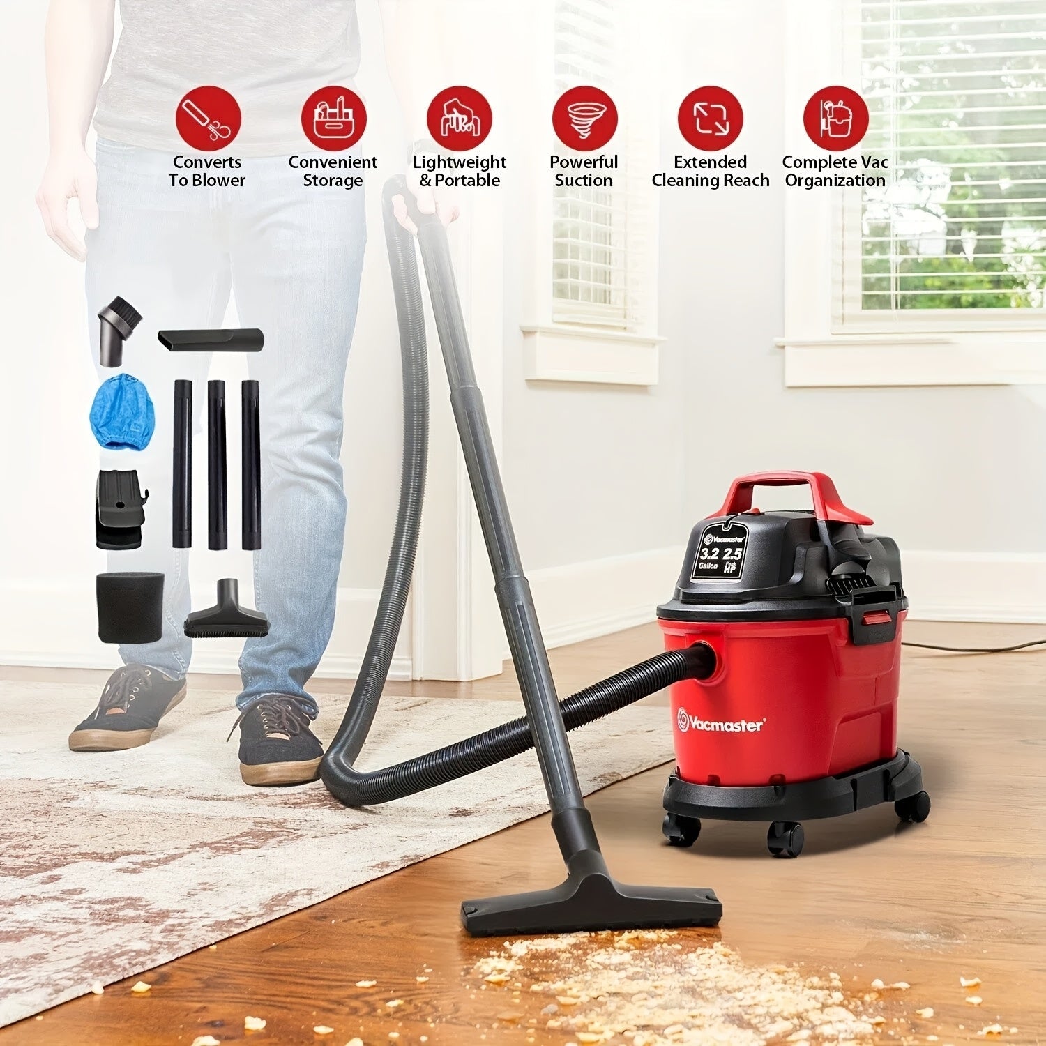 Wall Mount Wet Dry Vacuum 3.2 Gallon 2.5 Peak HP, Space-Saving Shop Vac with Cloth Filter for Wet Spills & Dry Debris, Garage Workshop & Home Cleaning Vacuum