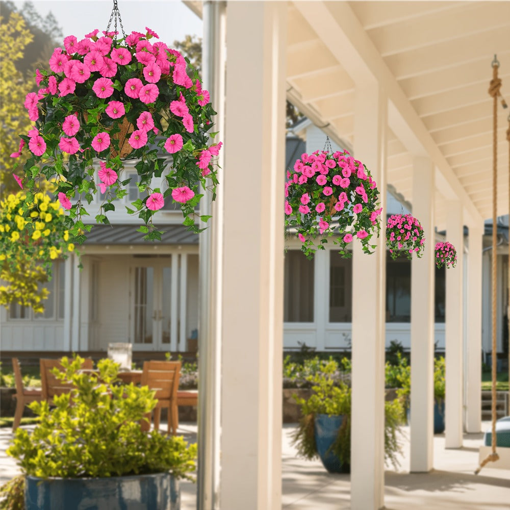 Artificial Hanging Flowers Outdoor UV-Resistant Fake Petunias with Planter Basket ¨C Realistic Faux Hanging Plants for Garden Patio Porch Balcony Railing Decor