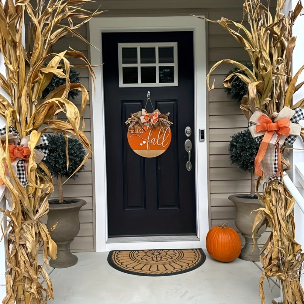 Hello Fall 3D Door Hanger ¨C Autumn Harvest Pumpkin Wheat Bow Fall Wreath Door Sign Seasonal Home Decor