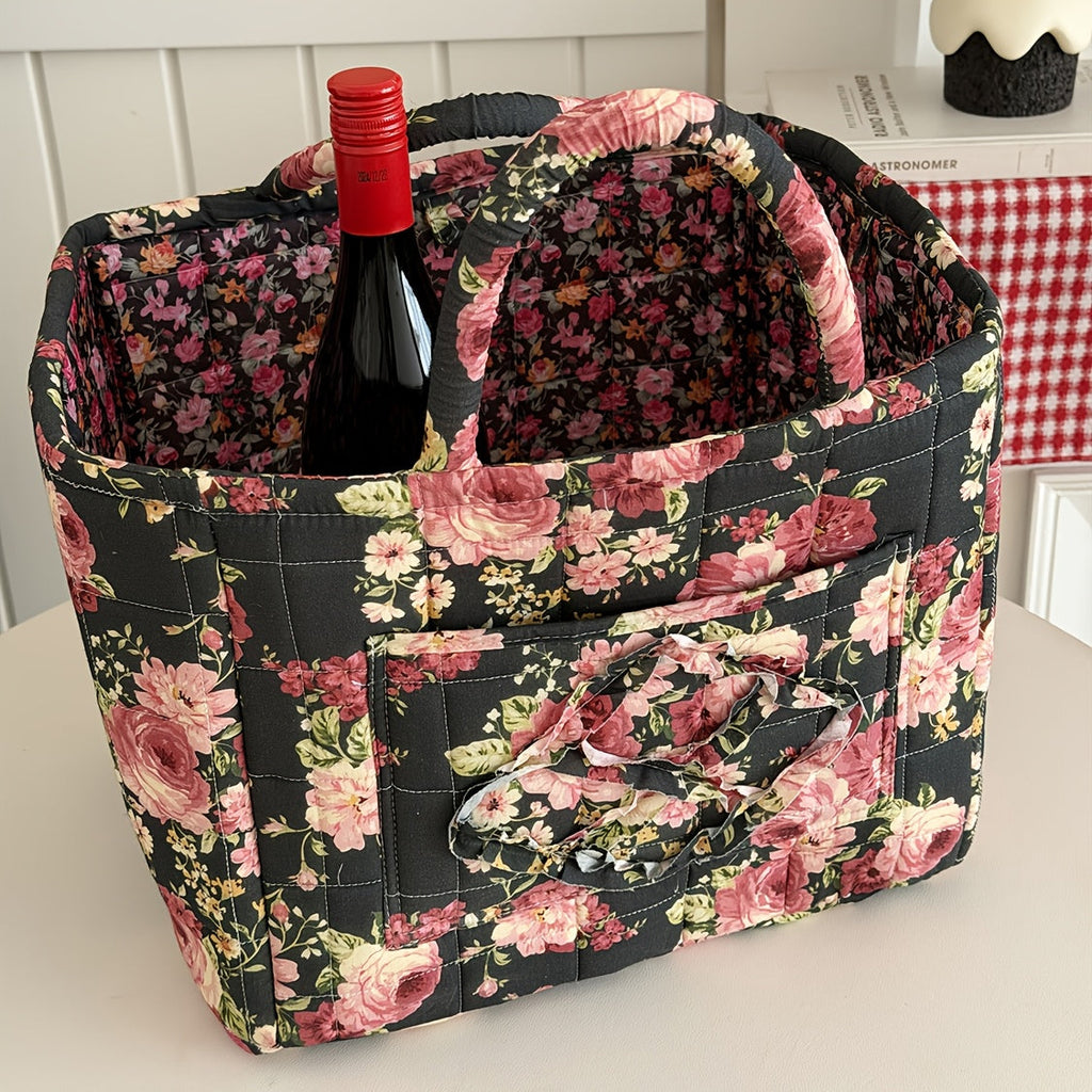 Floral Storage Basket Large Capacity Quilted Vintage Flower Pattern Portable Home Organizer Basket for Shelf Bedroom Closet Living Room Pink Peony Red Marigold Boho Decor