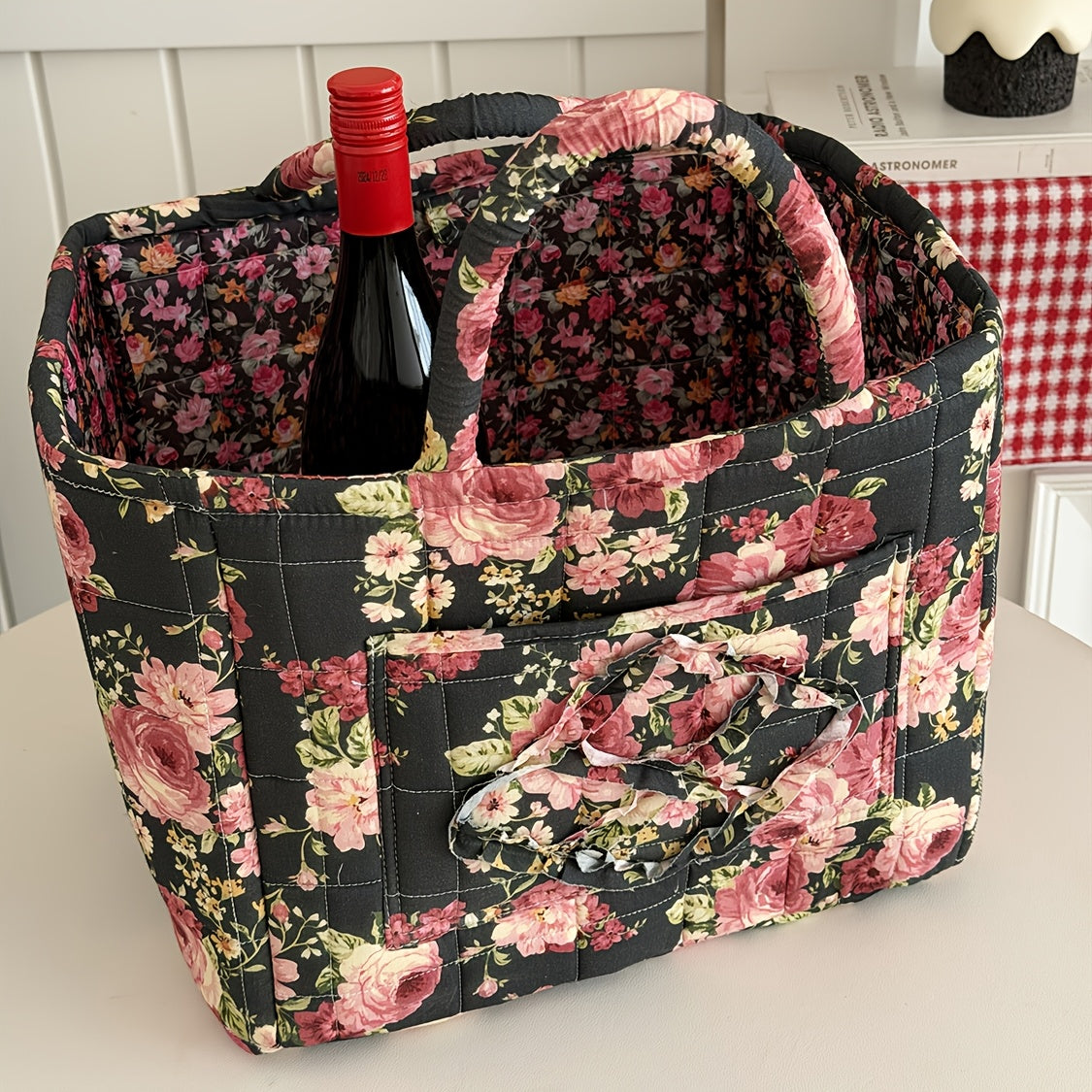 Floral Storage Basket Large Capacity Quilted Vintage Flower Pattern Portable Home Organizer Basket for Shelf Bedroom Closet Living Room Pink Peony Red Marigold Boho Decor