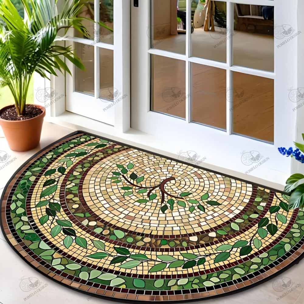Welcome Mat Half Round Door Mat Ethnic Style Retro Stone Leaf Print Washable Indoor Outdoor Rug 32x20 Inch Non-Slip Entryway Mat for Front Door Kitchen Patio Courtyard Holiday Home Decor