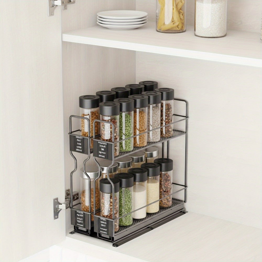 Spice Rack Organizer for Cabinet 2-Tier Heavy Duty Slide-Out Drawers with 415 Labels Steel Pull-Out Spice Drawer for Kitchen Cabinet Space-Saving Seasoning Storage