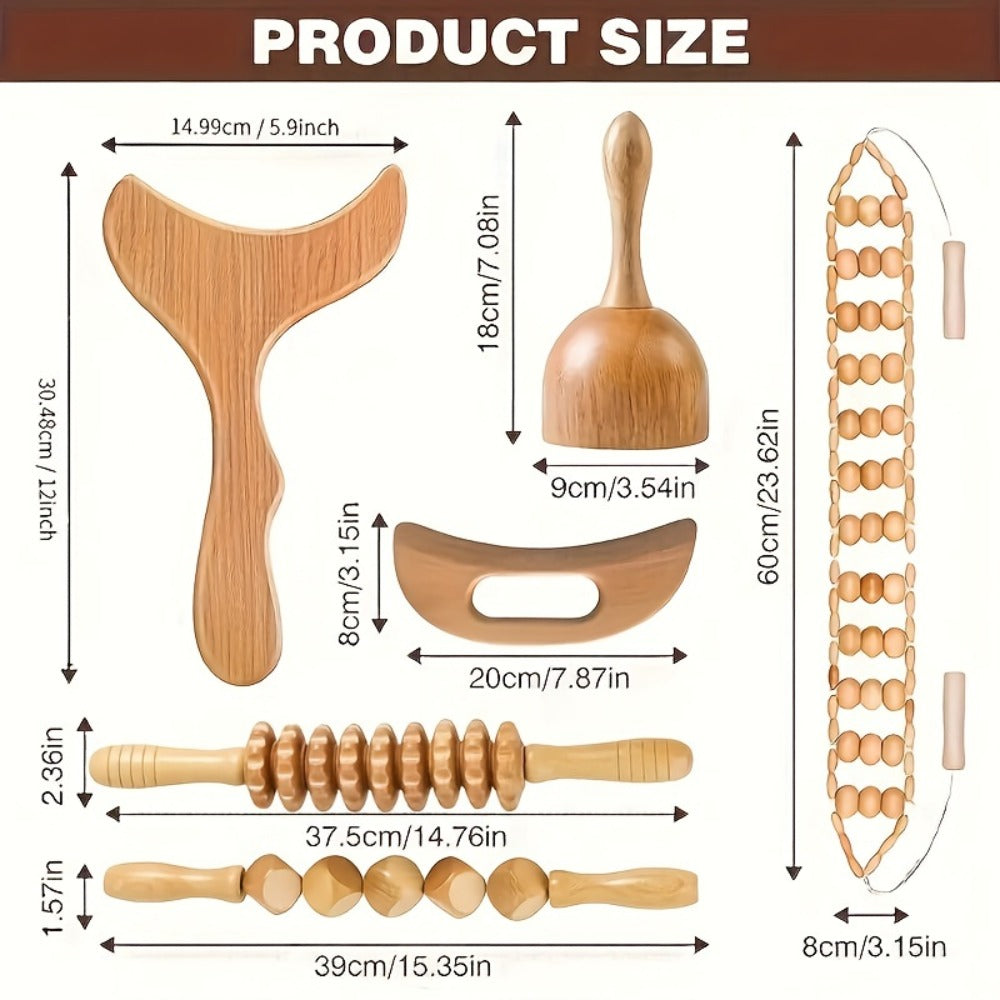 Wooden Massage Tool Set 6pcs Manual Facial Massager Kit with Wood Rollers Pointed Bead Textured Heads for Face Neck Full Body Relaxation Stress Relief Wellness Spa Gift for Women Men