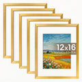 Picture Frame Set of 5 ¨C 12x16 Inch Gallery Wall Photo Frames, Display 8.5x11 with Mat or 12x16 Without Mat | HD Cover, Horizontal & Vertical Hanging | Golden Wall Collage Frame Set for Home & Office