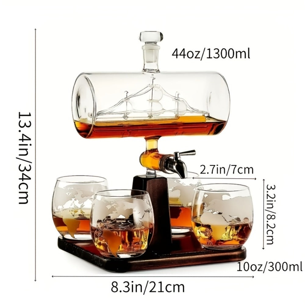 Wine Decanter Set with Glasses 44oz Boat-Shaped Glass Decanter 4 Wine Glasses Wooden Rack Unique Wine Gift Set for Home Bar Birthday