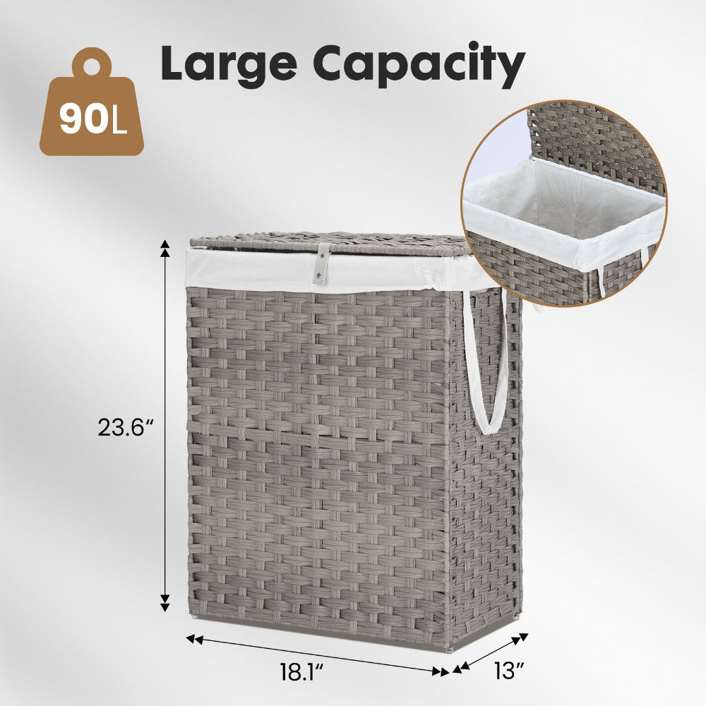 Laundry Hamper with Lid Large Capacity Woven Rattan Storage Basket, Collapsible Clothes Hamper with Handles & Removable Liner, Foldable Breathable Wicker Basket for Bedroom Home Dorm, 2 Sizes