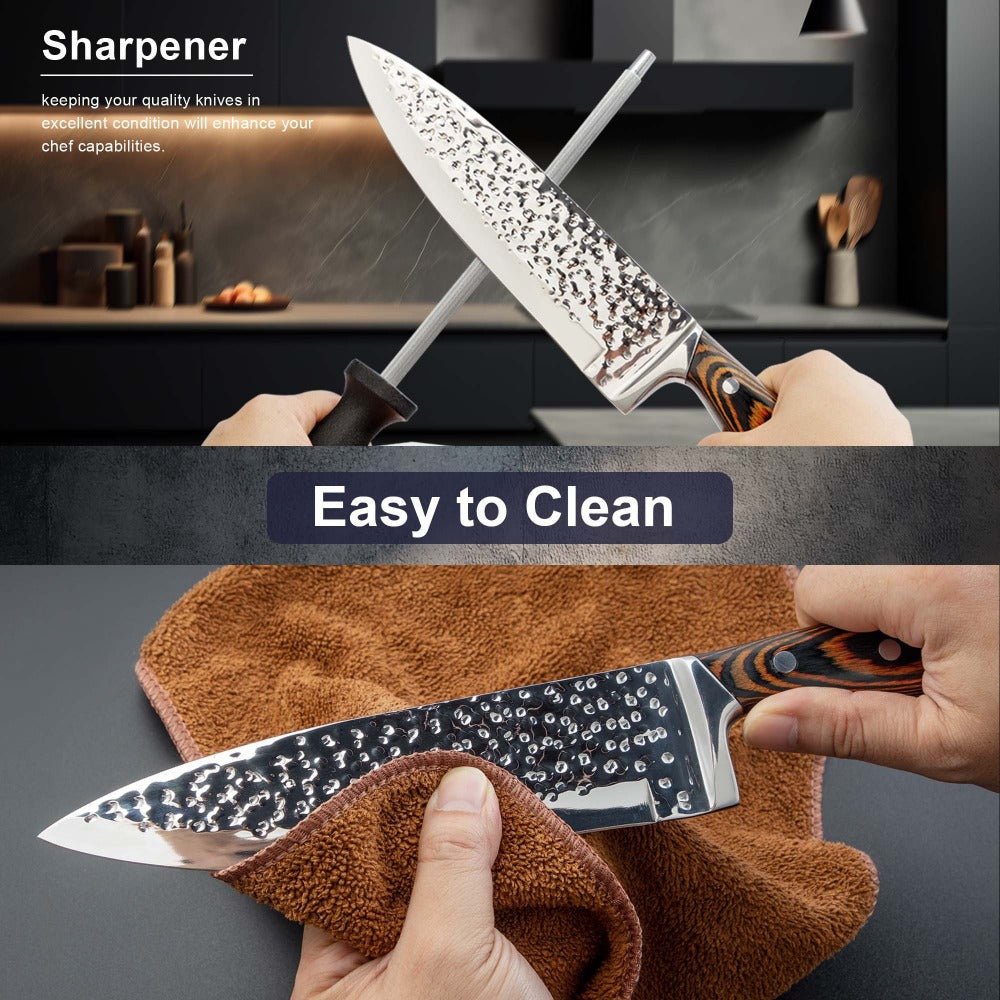 Kitchen Knife Set 15-Piece & 20-Piece Professional Chef Knives with Block Sharpener Ultra-Sharp Medium Carbon Stainless Steel Hammered Blade Wooden Handle Dishwasher Safe Gift for Men & Family