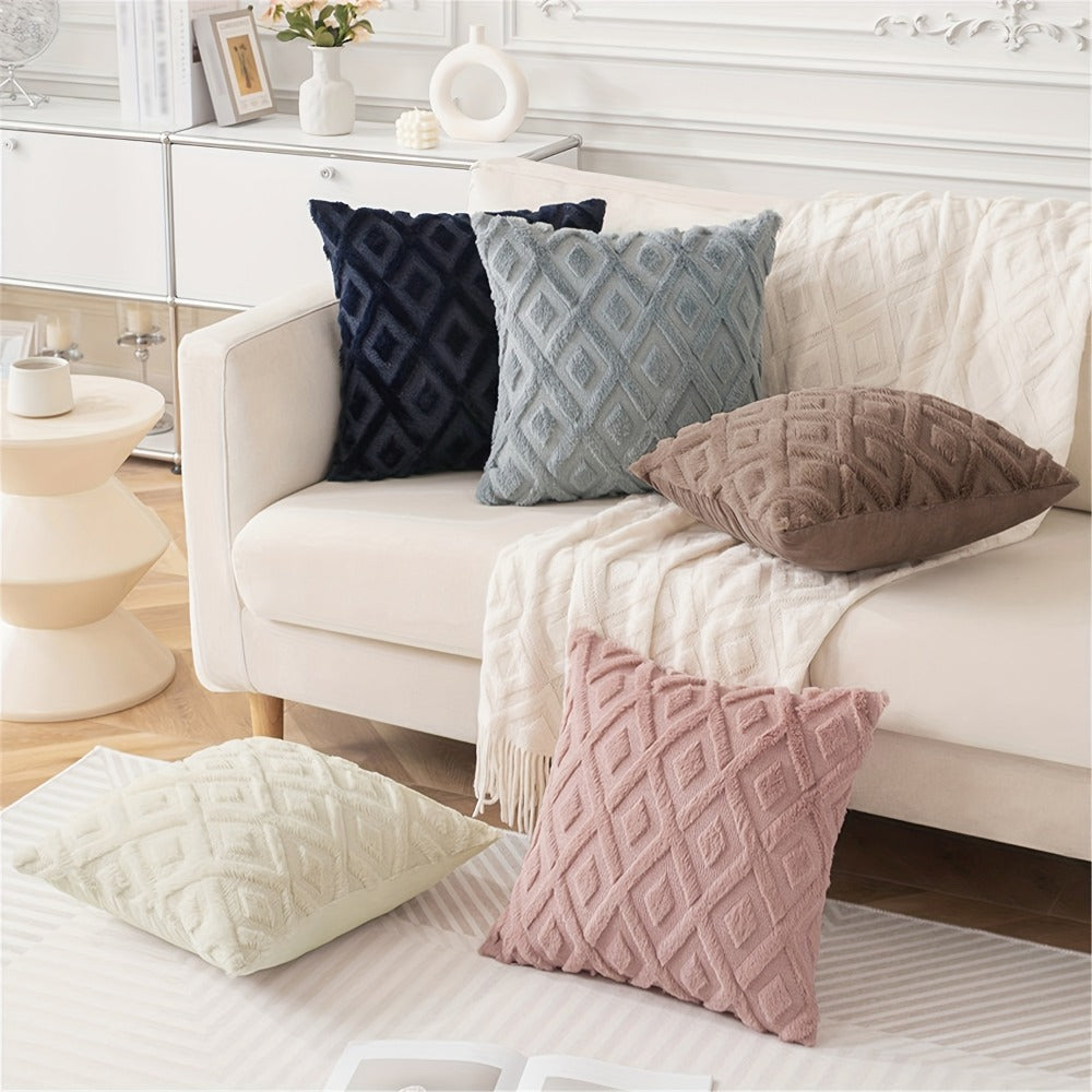 Luxury Faux Wool Pillow Covers 18x18 Set of 4 Boho Soft Plush Decorative Cushion Cases with Zipper for Couch Sofa Living Room - Heather Pink Navy Blue Yellow