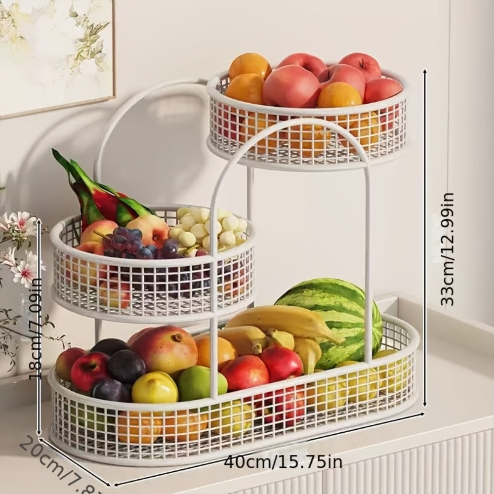 3-Tier Metal Fruit Basket Stand Extra Large Heavy Duty Countertop Fruit Bowl with Grid Design, Breathable Ventilated Multi-Level Storage Rack for Fruits Vegetables Bread Kitchen Organization