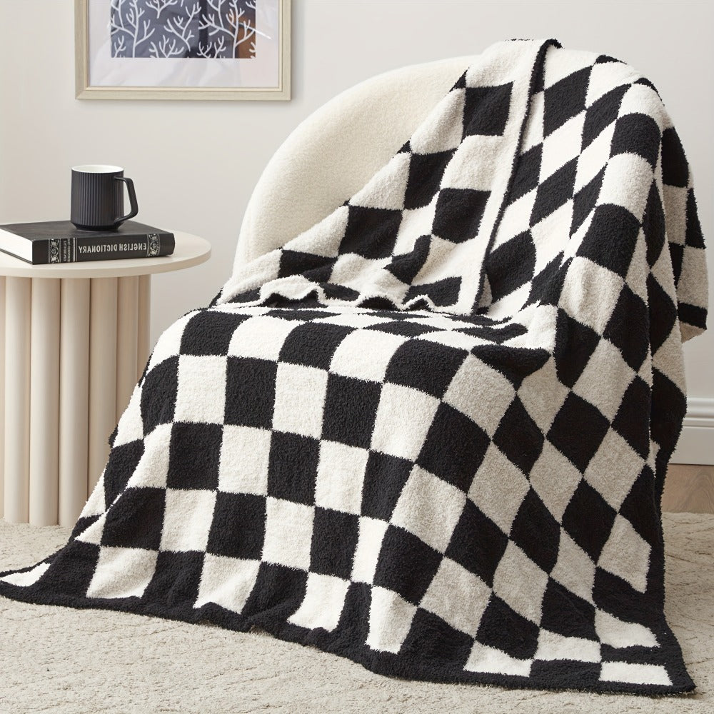 Jacquard Knit Checkered Blanket ¨C Soft Cozy Fluffy Plaid Throw for Couch, Bed & Sofa, All Seasons, 4 Colors, Throw to King Size